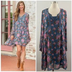 Matilda Jane Dress Women's Large Blue Pink Floral Long Sleeve Swiss Dot Chiffon